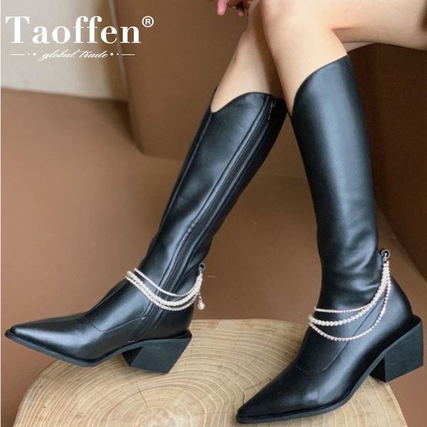 taoffen women shoes knee high boots pointed toe thick heel zipper pearl chain street party shoes female footwear size 33-40, Black
taoffen women shoes knee high boots pointed toe thick heel zipper pearl chain street party shoes female footwear size 33-40, Black