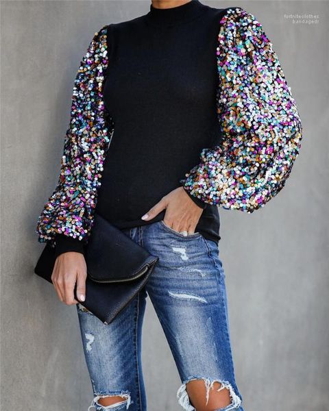 spring womens designer tshirts fashion sequins panelled ladies crew neck tees with lantern sleeve, White
spring womens designer tshirts fashion sequins panelled ladies crew neck tees with lantern sleeve, White