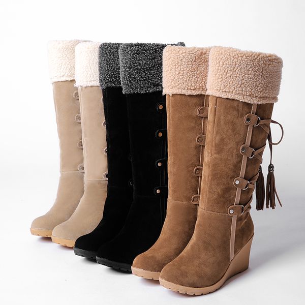 boots womens winter warm lace up hidden wedge heel faux suede fur trim mid calf, Black
boots womens winter warm lace up hidden wedge heel faux suede fur trim mid calf, Black