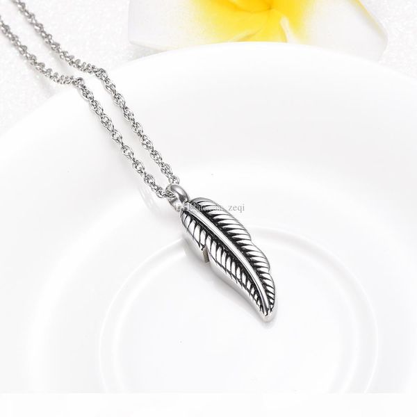 кремация урна neckalce для пепла перо из нержавеющей стали мемориальной урны ювелирных изделий подарка на память, Silver