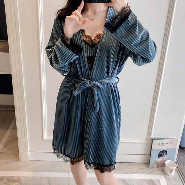 2pcs women lace patchwork strappy dress long sleeve belt robe sleepwear set female lingerie women lace dress set, Black;red 
2pcs women lace patchwork strappy dress long sleeve belt robe sleepwear set female lingerie women lace dress set, Black;red