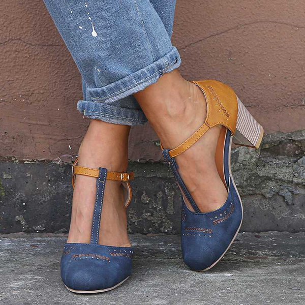 women high heel buckle strappy sandals women's t strap chunky heel cover sandals shoes, Black