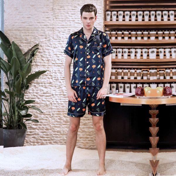 men's sleepwear 2021 stain silk pajamas sets classic style fruit leaf printed nightwear for men spring short sleeve homewear, Black;brown
men's sleepwear 2021 stain silk pajamas sets classic style fruit leaf printed nightwear for men spring short sleeve homewear, Black;brown