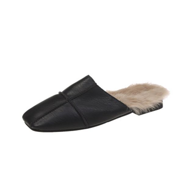 2020 autumn and winter new style furry half-support female square head flat bottom baotou fashion wild plus size slippers, Black 
2020 autumn and winter new style furry half-support female square head flat bottom baotou fashion wild plus size slippers, Black