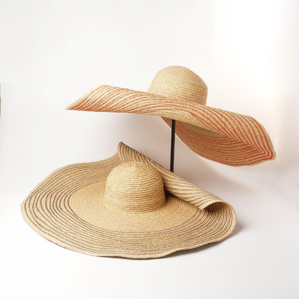 high fashion hats hand-woven colored striped edges raffi straw hat sun shade sunken large brim hat, Blue;gray
high fashion hats hand-woven colored striped edges raffi straw hat sun shade sunken large brim hat, Blue;gray