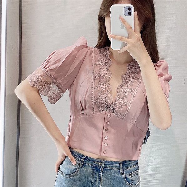 women's blouses & shirts stylish lace trim crop women fashion v neck short sleeve back elastic female blusas single-breasted chic, White
women's blouses & shirts stylish lace trim crop women fashion v neck short sleeve back elastic female blusas single-breasted chic, White