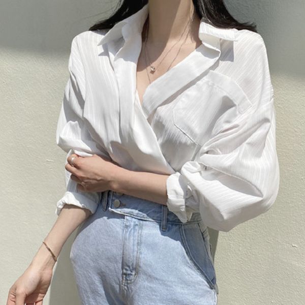 women's blouses & shirts office ladies elegant shirt blouse 2021 autumn chic pockets striped women v-neck casual loose female mujer, White
women's blouses & shirts office ladies elegant shirt blouse 2021 autumn chic pockets striped women v-neck casual loose female mujer, White