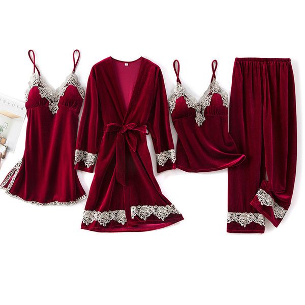Lace Golden Velvet Sleepwear Set Women Autumn Winter Pajamas Set Leisure Korean Velvet Pajamas With Chest Pad 4 piece suit
Lace Golden Velvet Sleepwear Set Women Autumn Winter Pajamas Set Leisure Korean Velvet Pajamas With Chest Pad 4 piece suit