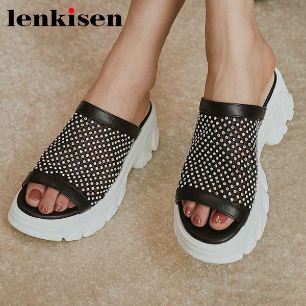 lenkisen cow leather air mesh summer shoes peep toe thick bottom rhinestone beauty lady daily wear leisure sandals women l61, Black 
lenkisen cow leather air mesh summer shoes peep toe thick bottom rhinestone beauty lady daily wear leisure sandals women l61, Black