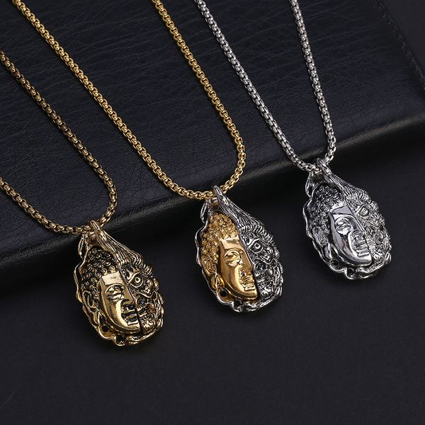 trendy men's gold chain women stainless steel buddha and demons necklaces pendantst punk style friendship gifts, Silver
trendy men's gold chain women stainless steel buddha and demons necklaces pendantst punk style friendship gifts, Silver