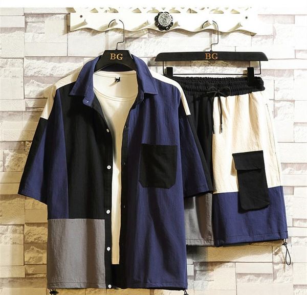 style fashion suits mens clothing 2 piece set summer male designer tracksuits contrast color multi pockets japanese, Gray 
style fashion suits mens clothing 2 piece set summer male designer tracksuits contrast color multi pockets japanese, Gray