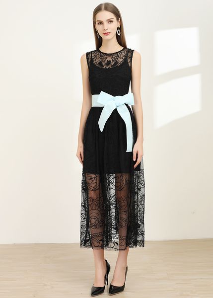 women's embroidery dress crew neck sleeveless lace and mesh panelled long dresses with bow decorate lady's summer casual wear, Black;gray
women's embroidery dress crew neck sleeveless lace and mesh panelled long dresses with bow decorate lady's summer casual wear, Black;gray