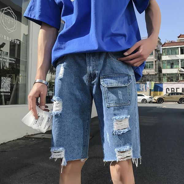 summer motocycle punk knee high shorts jeans pockets spliced straight short denim jeans skinny destroyed masculino, Blue
summer motocycle punk knee high shorts jeans pockets spliced straight short denim jeans skinny destroyed masculino, Blue