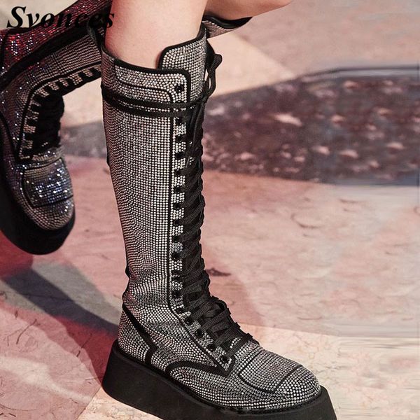 boots shiny full crystals women knee high laces flat platform glatiator lady ridding 2021 fall winter, Black
boots shiny full crystals women knee high laces flat platform glatiator lady ridding 2021 fall winter, Black