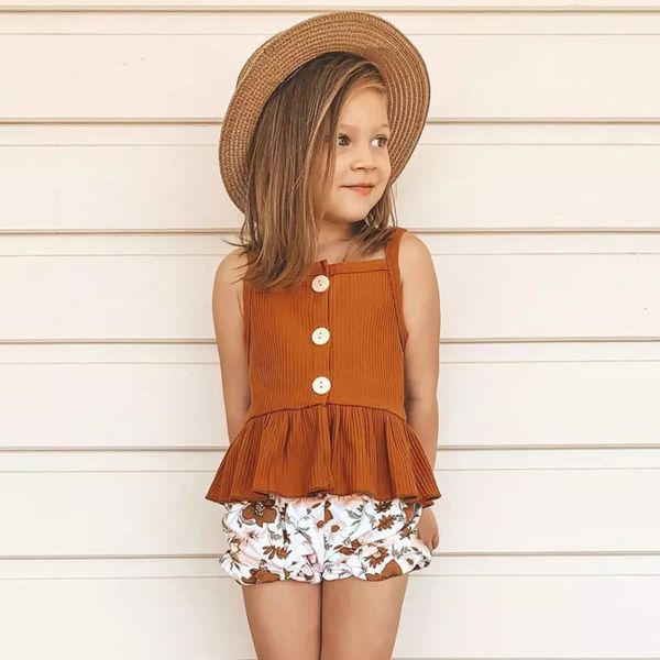 summer toddler baby girls sleeveless floral print vest +shorts outfits set, White