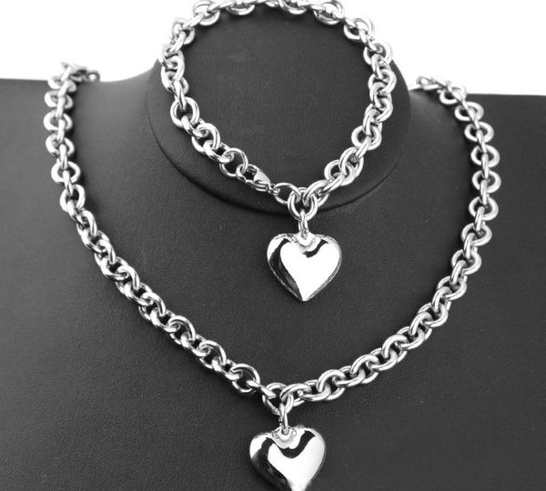 trendy women's silver stainless steel solid heart charm necklace bracelet lobster clasp o chain jewelry set lovers11
trendy women's silver stainless steel solid heart charm necklace bracelet lobster clasp o chain jewelry set lovers11