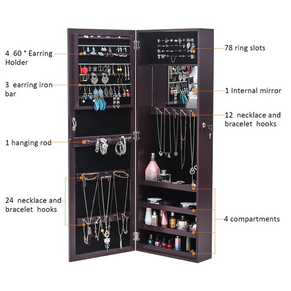 4-layer mirror wall-mounted wooden jewelry display stand with internal mirror 3 color led lights jewelry storage mirror cabinet dark brown
4-layer mirror wall-mounted wooden jewelry display stand with internal mirror 3 color led lights jewelry storage mirror cabinet dark brown