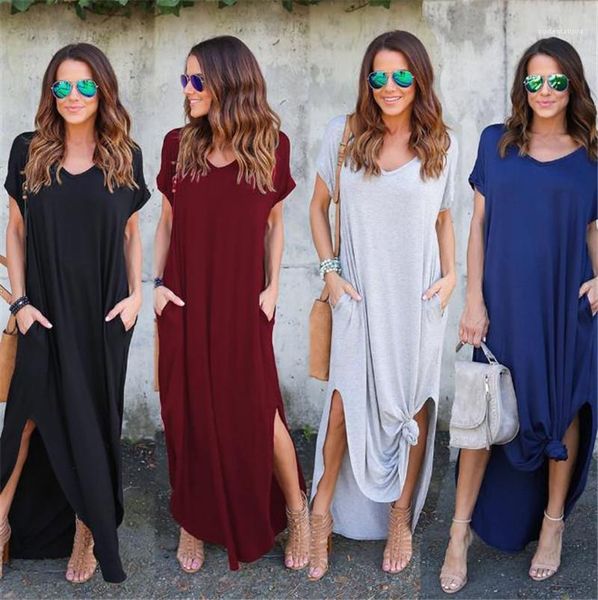 v neck women designer dresses summer solid casual short sleeve maxi dress for women split loose dress, Black;gray
v neck women designer dresses summer solid casual short sleeve maxi dress for women split loose dress, Black;gray