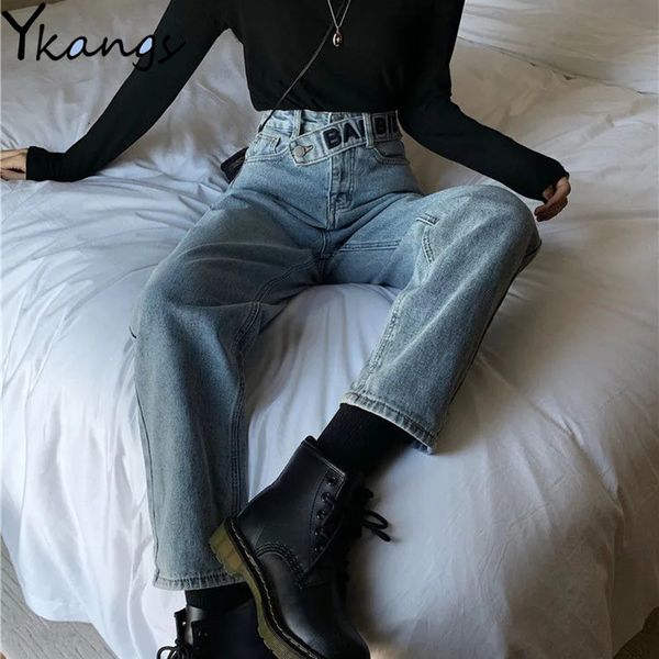 women's jeans letter belt boyfriend korean high waist women streetwear casual loose vintage harlan female wide leg denim pants, Blue
women's jeans letter belt boyfriend korean high waist women streetwear casual loose vintage harlan female wide leg denim pants, Blue