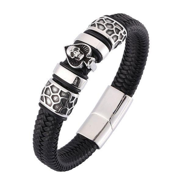 punk spades skull jewelry men bracelet charms stainless steel bangles black wide braided man leather bracelets bb0122, Golden;silver
punk spades skull jewelry men bracelet charms stainless steel bangles black wide braided man leather bracelets bb0122, Golden;silver