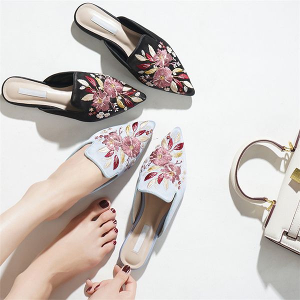 slippers chic ponited toe summer women's mules flower embroidery half female low heel elegant ladies party office shoes, Black
slippers chic ponited toe summer women's mules flower embroidery half female low heel elegant ladies party office shoes, Black