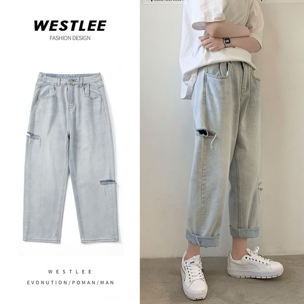 summer jeans men's trendy brand hole straight jeans wide leg pants trendy young students all-match loose cropped wide leg pants 376zf, Blue
summer jeans men's trendy brand hole straight jeans wide leg pants trendy young students all-match loose cropped wide leg pants 376zf, Blue
