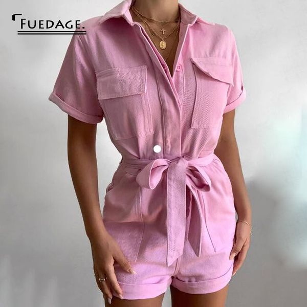 fuedage casual pink short sleeve playsuit women buttons waist tie loose summer jumpsuit collar pocket denim solid romper overall, Black;white
fuedage casual pink short sleeve playsuit women buttons waist tie loose summer jumpsuit collar pocket denim solid romper overall, Black;white