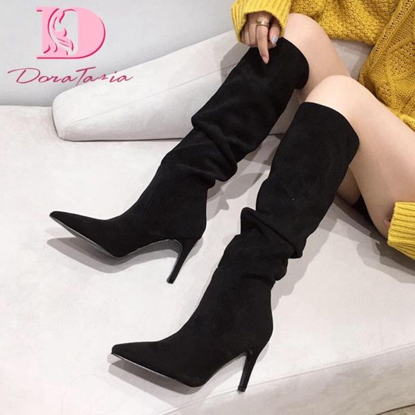 doratasia brand new female thin high heels knee high boots pointed toe pleated flock boots women party shoes woman, Black