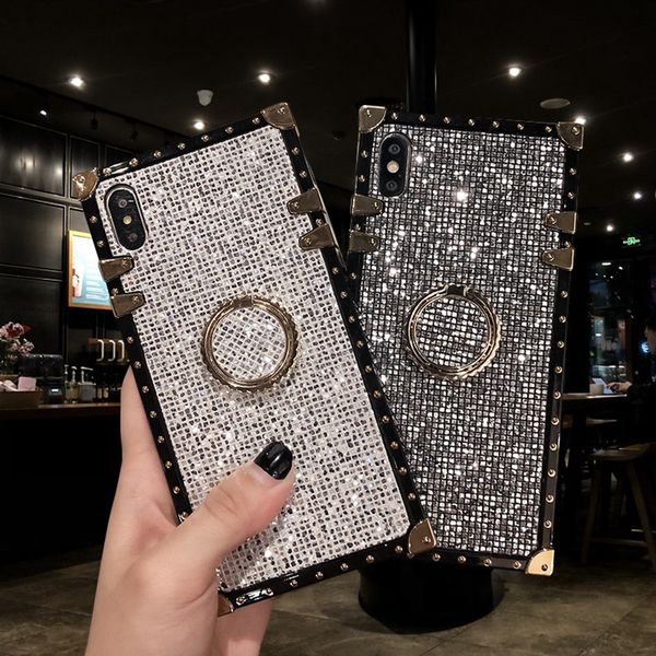 glitter diamond square ring stand phone case designer defender anti-fall case for iphone 11 pro xs xr x max 8 7 6s plus
