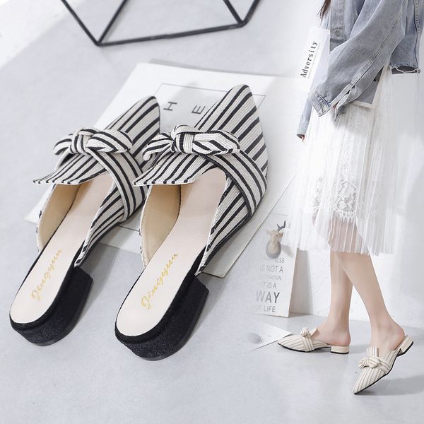 women pointed half pack slippers women's summer outdoor striped bow toe thick heel shoes half slippers fashion all-match shoes, Black
women pointed half pack slippers women's summer outdoor striped bow toe thick heel shoes half slippers fashion all-match shoes, Black