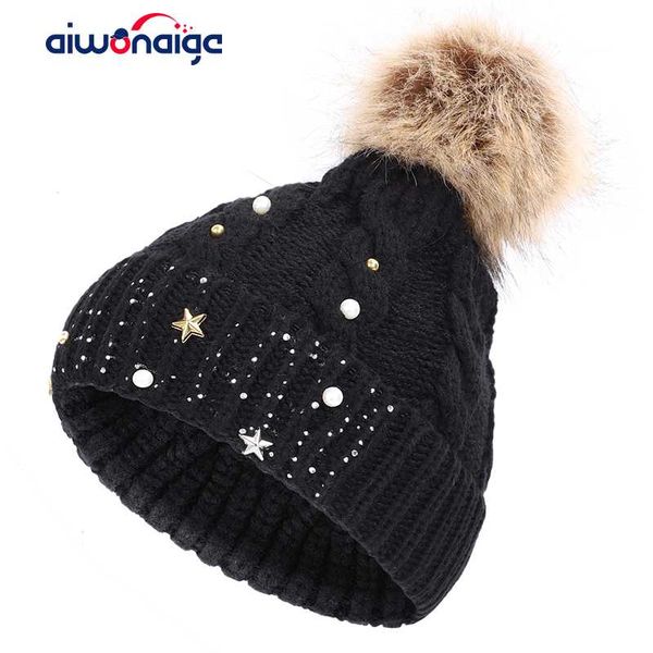 

beanie/skull caps 2021 diamond pom-pom cap pearl five-star cotton hat fashion woman winter warm knit ladies bean peas hedging ski mask, Blue;gray