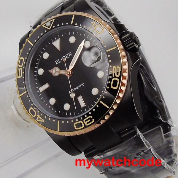 40mm bliger black dial date window rose gold plated bezel black 316l stainless steel band nh35 self-winding movement men's watch, Slivery;brown
40mm bliger black dial date window rose gold plated bezel black 316l stainless steel band nh35 self-winding movement men's watch, Slivery;brown