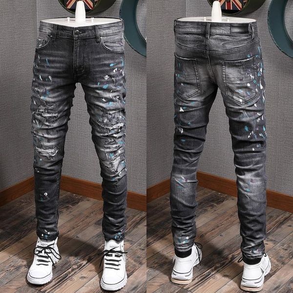 men black gray painted elastic jeans denim cotton trousers man fashion new slim fit stretch effect, Blue
men black gray painted elastic jeans denim cotton trousers man fashion new slim fit stretch effect, Blue