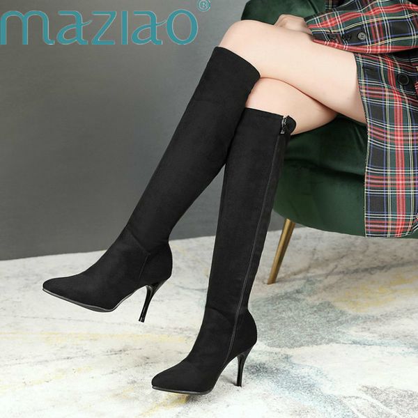 classic flock pointed toe autumn winter boots plus size 33-46 knee high boots women thin high heels shoes woman maziao, Black 
classic flock pointed toe autumn winter boots plus size 33-46 knee high boots women thin high heels shoes woman maziao, Black