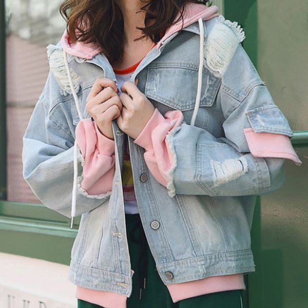 2020 spring autumn washed fake two pieces pink splicing holes hooded denim jacket women's plus size casual harajuku jean jacket, Black;brown
2020 spring autumn washed fake two pieces pink splicing holes hooded denim jacket women's plus size casual harajuku jean jacket, Black;brown