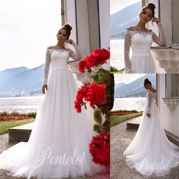 bateau long sleeves a-line pentelei wedding dresses sequins lace appliqued bridal gown custom made sweep train vestidos de novia, White
bateau long sleeves a-line pentelei wedding dresses sequins lace appliqued bridal gown custom made sweep train vestidos de novia, White