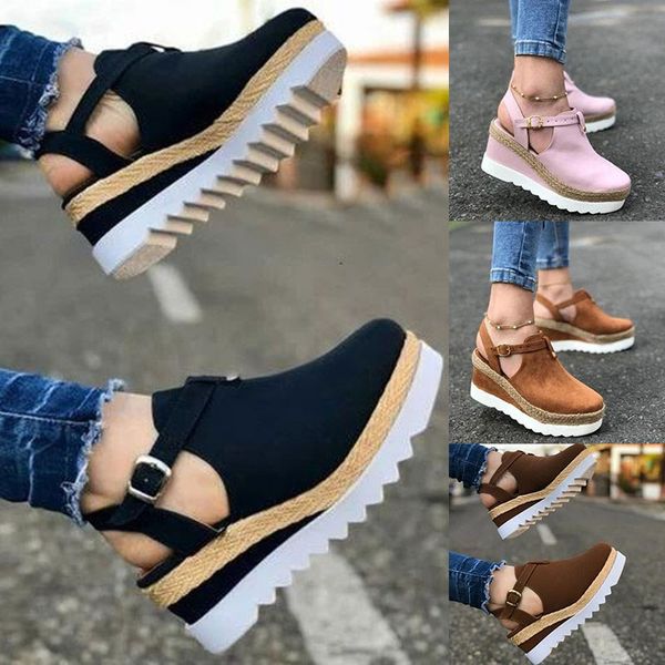 women shoes suede wedges high ankle sandals round toe casual shoes high slope round head sandals casual, Black