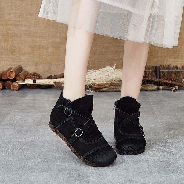 women's boots autumn winter new literary retro women's boots comfortable high-shoes side zipper round toe, Black