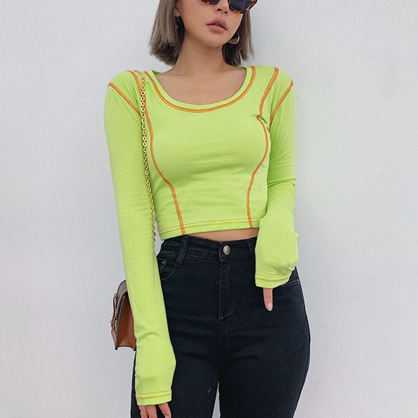 women's t-shirt women fluorescent long sleeve fitted with contrast stitching crop top, White
women's t-shirt women fluorescent long sleeve fitted with contrast stitching crop top, White