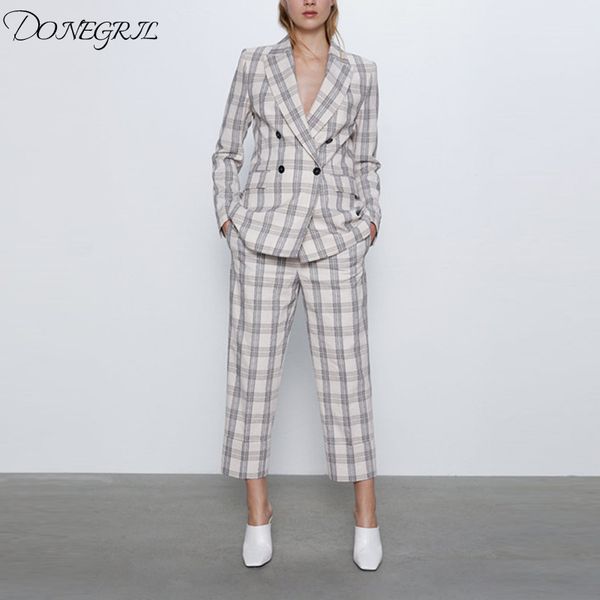 2020 new two piece set and pants women's double-breasted plaid suit autumn fashion professional small suit two-piece, Gray
2020 new two piece set and pants women's double-breasted plaid suit autumn fashion professional small suit two-piece, Gray