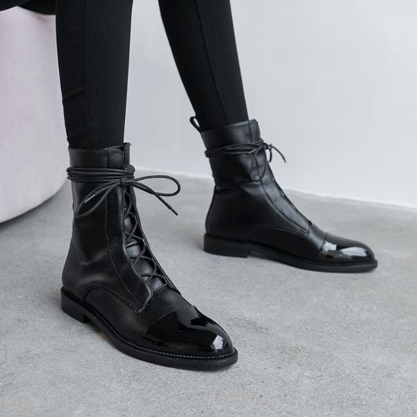 south korea 100 british comfortable tie leather tip low heel martin boot woman flat bottom short boot, Black
south korea 100 british comfortable tie leather tip low heel martin boot woman flat bottom short boot, Black