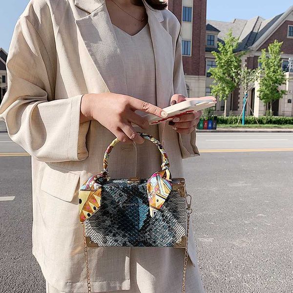 retro snake pattern woman shoulder bag chain diagonal cross square bag metal handle handbag ribbon female bags
