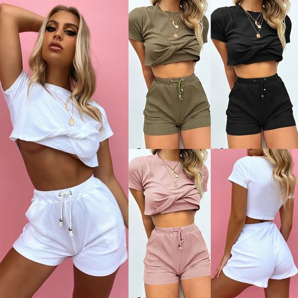 women's tracksuits women short sleeve round neck knot front crop & pockets shorts two-piece set, Gray
women's tracksuits women short sleeve round neck knot front crop & pockets shorts two-piece set, Gray