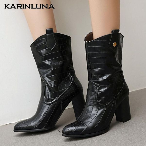 women's new arrivals plus size 43 winter shoes fashion high heels slip on western boots, Black