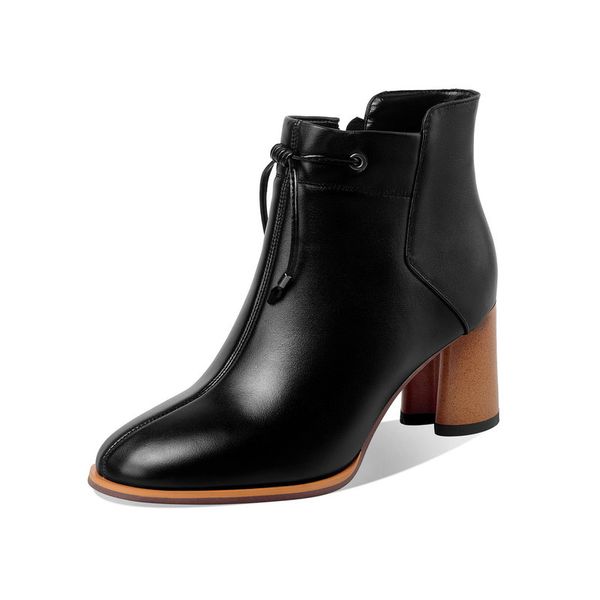 genuine leather elegant women ankle boots side zipper thick high heels dress party shoes woman basic winter boots size 4142 43, Black