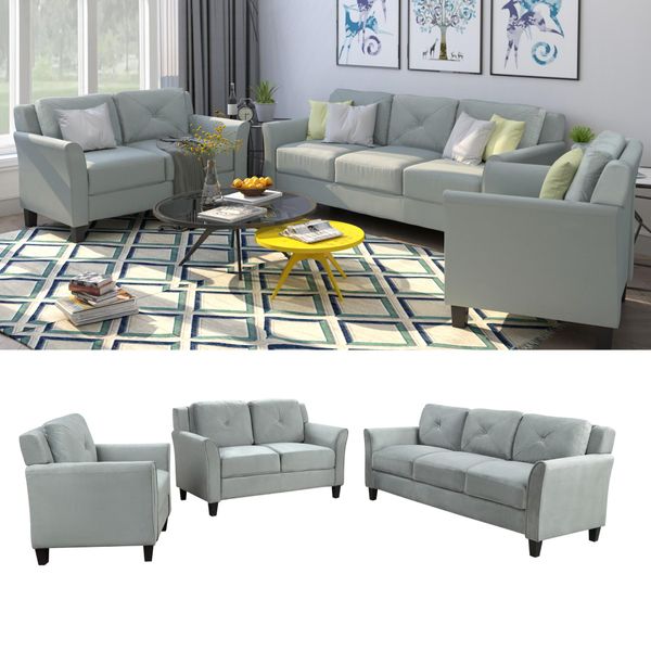 Us Stock, U Style Button Tufted 3 Piece Chair Loveseat Sofa Set Living Room Home Furniture Wy000048eaa