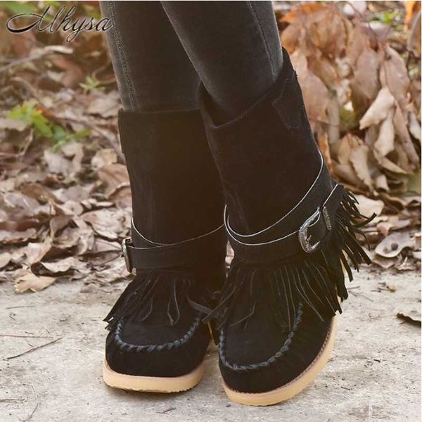2020 new winter women's boots fashion put-on buckle low heel boots square head tassel flat mid-calf of women botas mujer, Black
2020 new winter women's boots fashion put-on buckle low heel boots square head tassel flat mid-calf of women botas mujer, Black