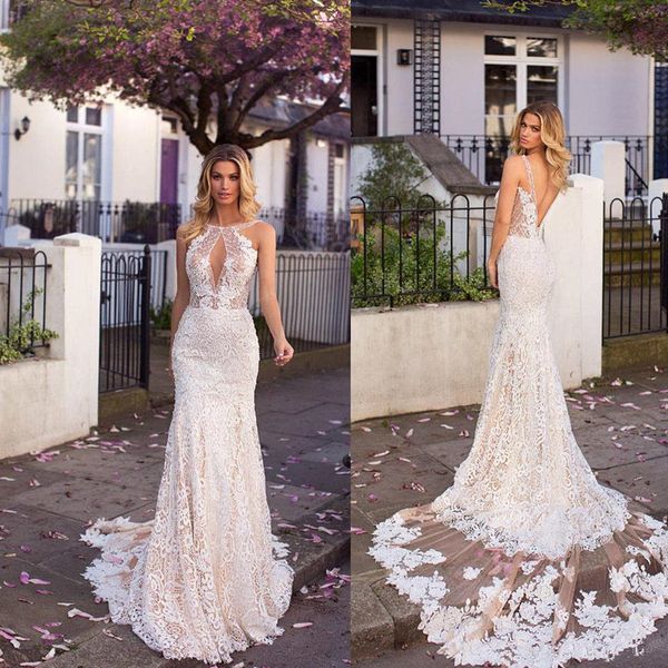 backless full lace mermaid wedding dresses spaghetti straps chapel train custom made garden wedding gowns, White
backless full lace mermaid wedding dresses spaghetti straps chapel train custom made garden wedding gowns, White