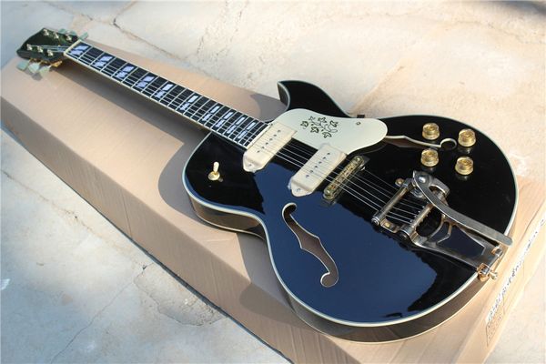 factory custom hollow black electric guitar with gold hardwares,white binding,white pickguard,can be customized 
factory custom hollow black electric guitar with gold hardwares,white binding,white pickguard,can be customized