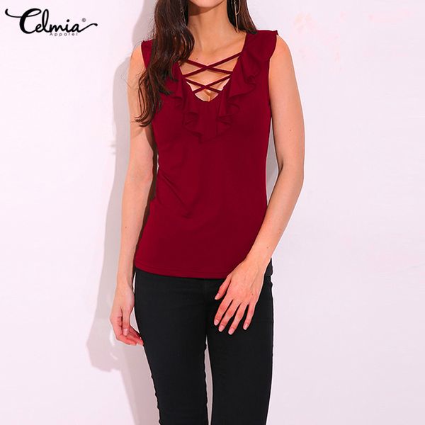 fashion sleeveless tank celmia summer women ruffles v-neck lace up casual slim vests plus size blusas femininas camis, White
fashion sleeveless tank celmia summer women ruffles v-neck lace up casual slim vests plus size blusas femininas camis, White